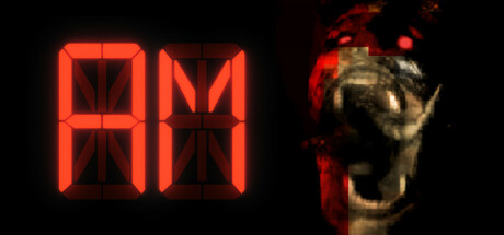 AM game logo in red neon text against a dark background. To the right is a grotesque creature with red eyes.